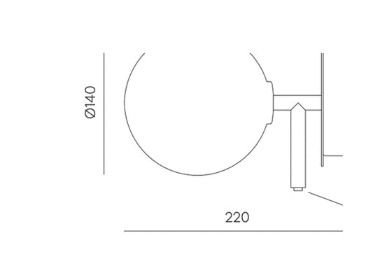 Plano acotado del aplique Atom A1214: esfera de 140 mm, placa de 140 mm y 220 mm de saliente