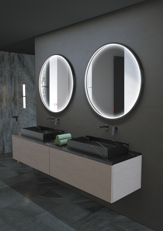 Espejo Nepal Ledimex instalado sobre lavabo en baño moderno