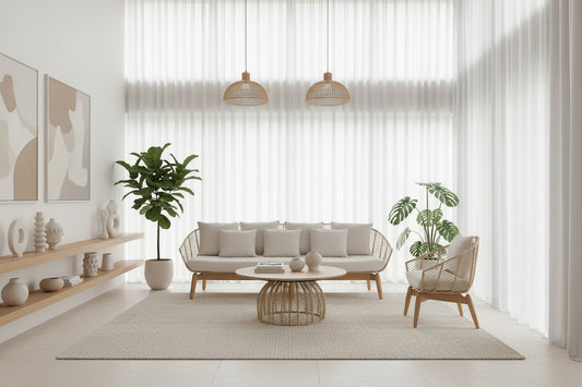 SOFÁ PLISSÉ RATTAN de 3 plazas con piezas artesanales y naturales.