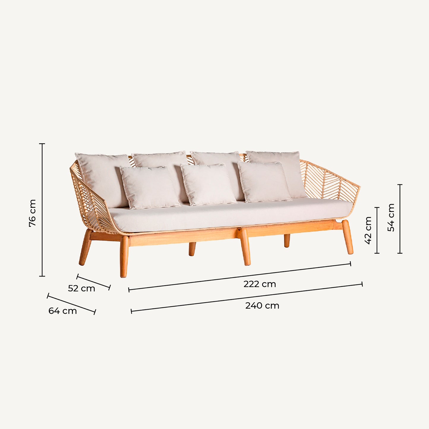 SOFÁ PLISSÉ RATTAN de 3 plazas con piezas artesanales y naturales.