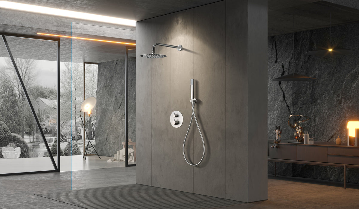 Ambiente de baño con grifería de ducha empotrada IMEX Monza Níquel Cepillado