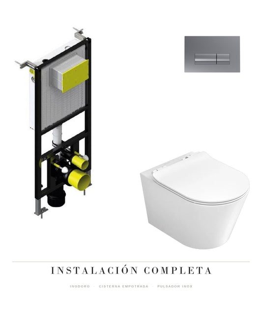 Composición pack inodoro suspendido bolonia + cisterna empotrada + pulsador inox Fossil Natura