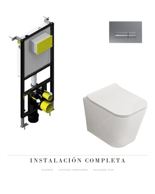 Composición pack inodoro suspendido florencia + cisterna empotrada + pulsador inox Fossil Natura