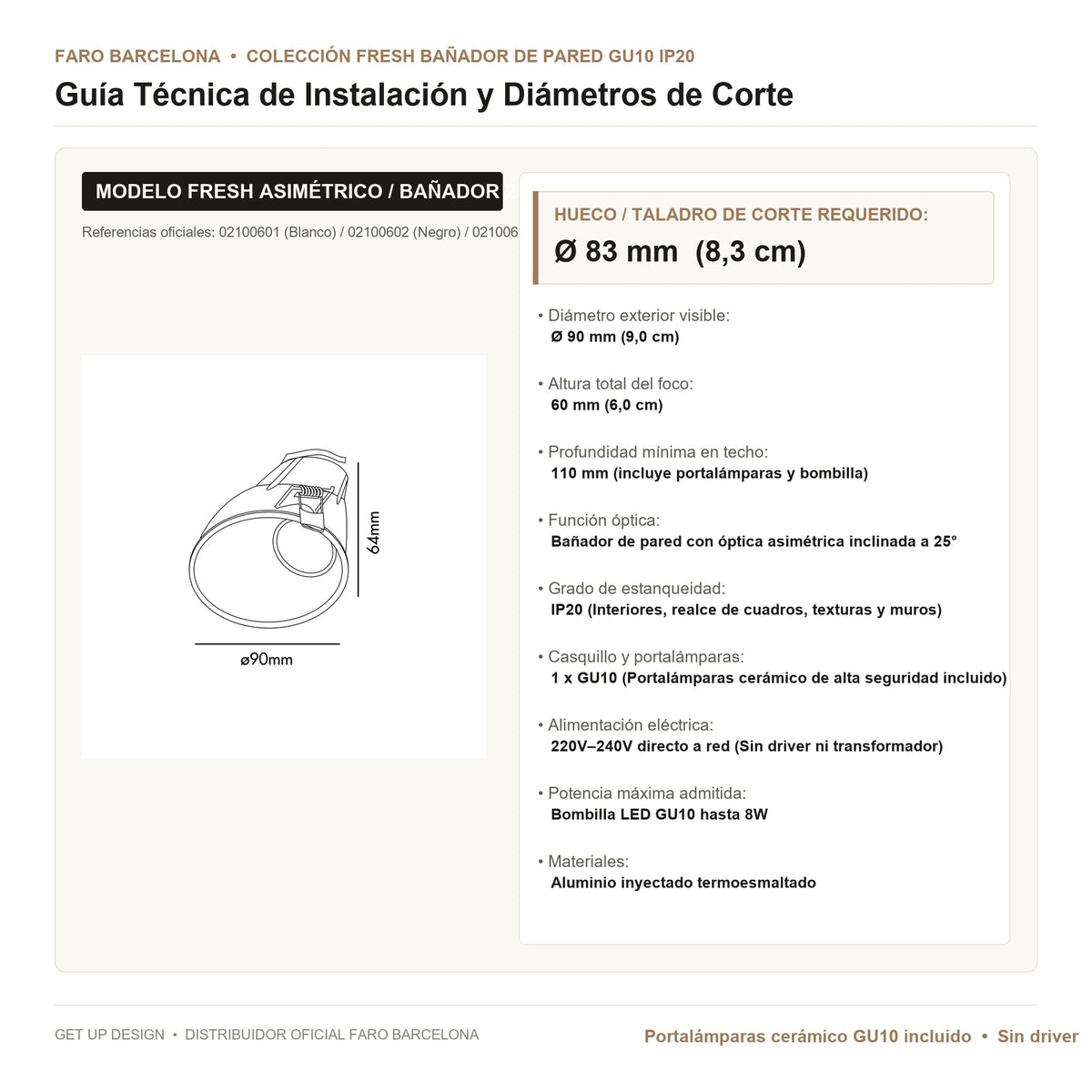 Guía Técnica de Instalación y Diámetro de Corte Faro | Get Up Design