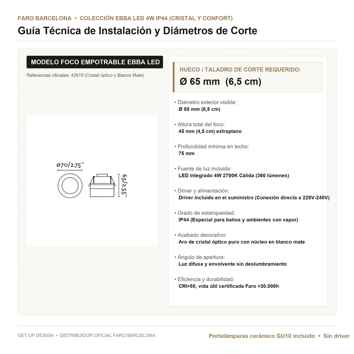Guía Técnica de Instalación y Diámetro de Corte Faro | Get Up Design