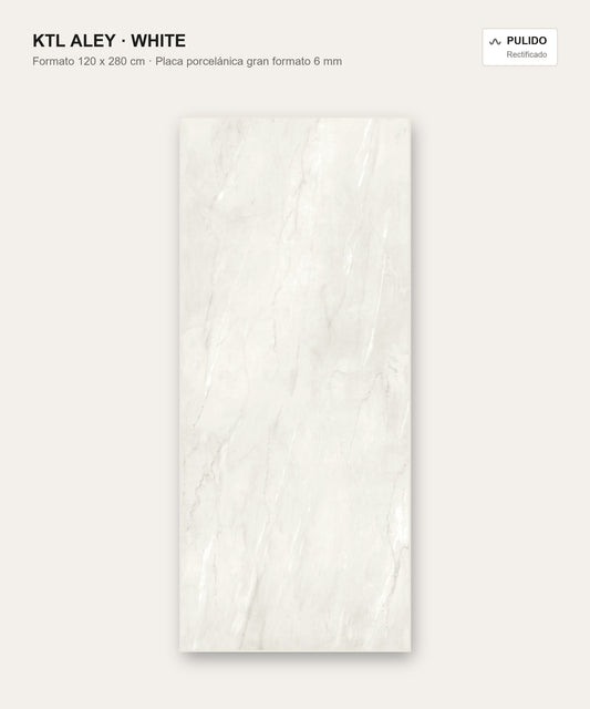 KTL Aley White Placa porcelánica gran formato 120x280 cm 6 mm pulido rectificado efecto mármol