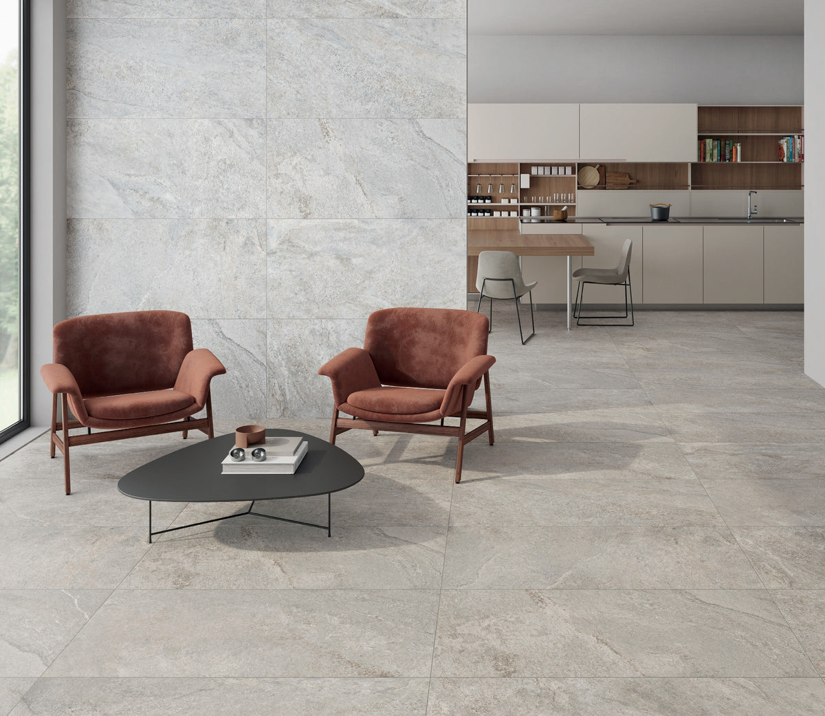 Ambiente KTL Ardesia Moon y Bianco 60x120 cm porcelánico rectificado mate en pared y suelo