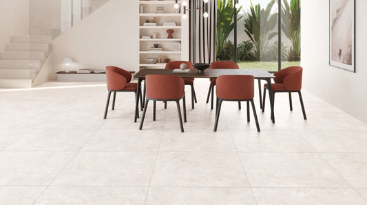 KTL Tivoli White 100 x 100 cm en salón, pavimento de porcelánico esmaltado efecto piedra