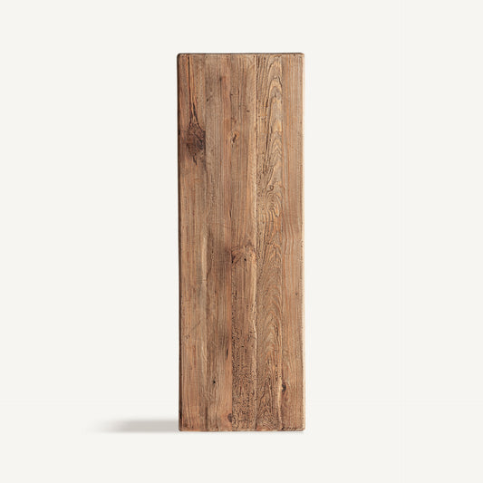 Peana Truel Vical, pedestal macizo de madera envejecida visto en perspectiva