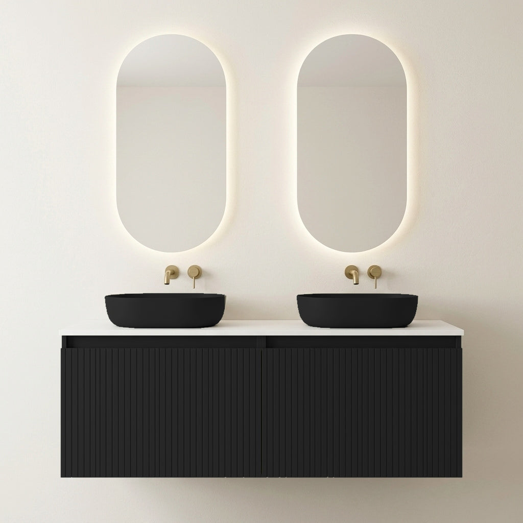 Conjunto de Baño Completo Visobath Bari Duo 120 cm - Acabado Black Negro Profundo Mate con Lavabos Colors y Espejos LED Ella