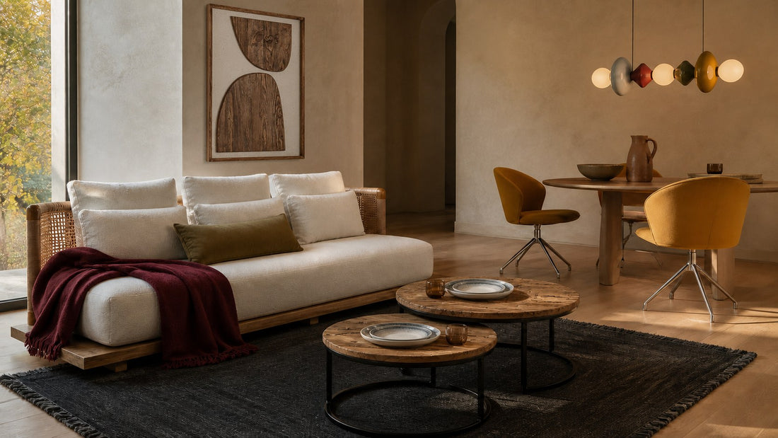 Salón comedor con manta burdeos, cojín verde oliva, mesas de centro en madera reciclada, alfombra de fibra oscura y sillas con base cromada, tendencias de decoración otoño-invierno 2026-2027