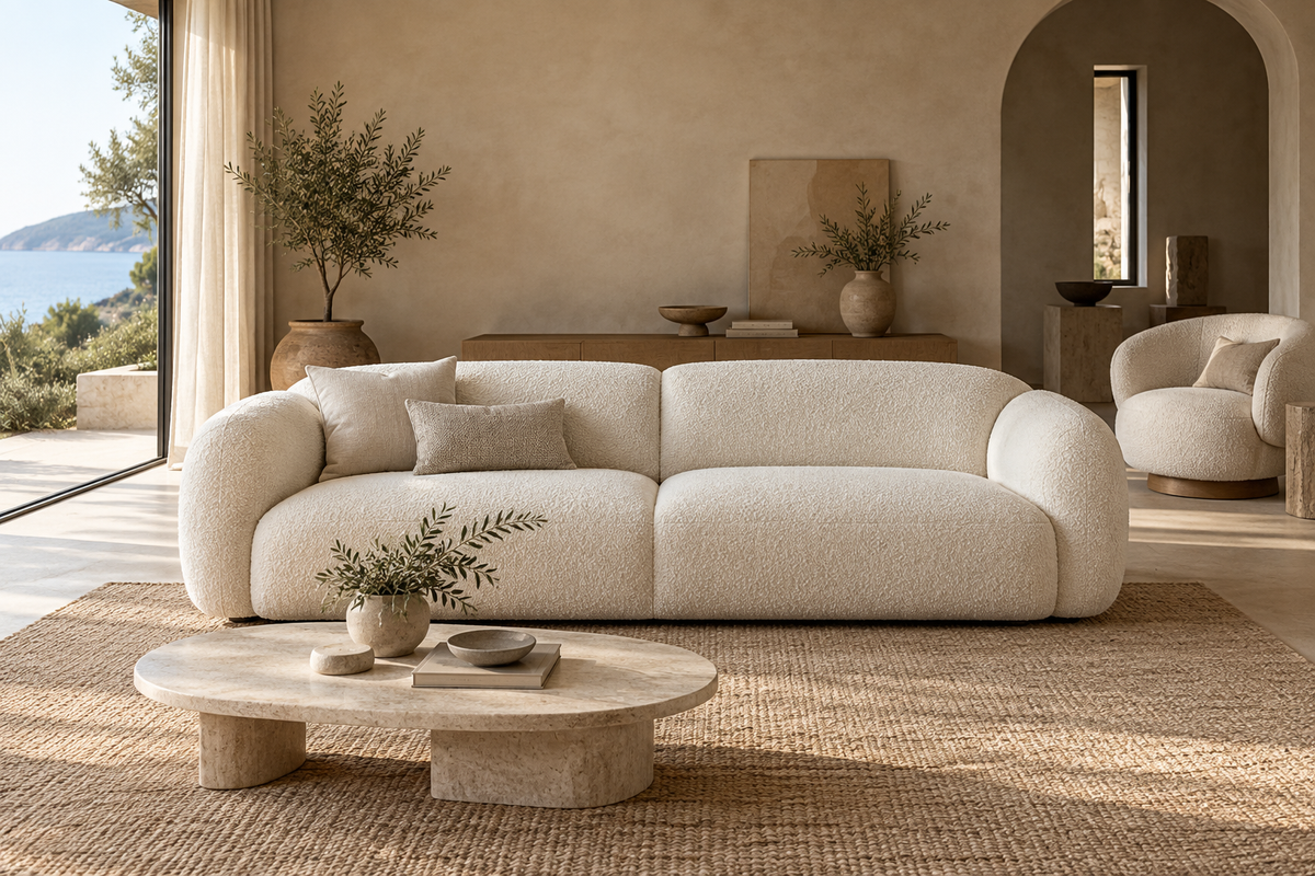 Colección de sofás de diseño en un salón mediterráneo luminoso
