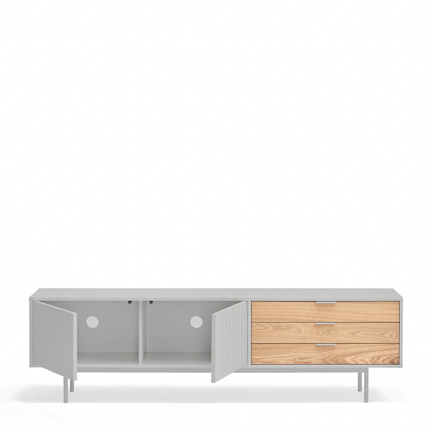 Mueble TV Sierra detalle puertas abiertas mostrando capacidad