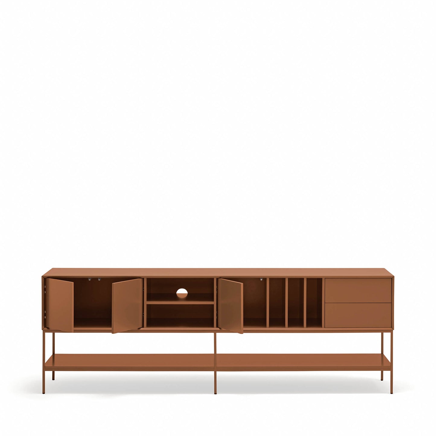 Mueble TV Platt interior abierto mostrando capacidad