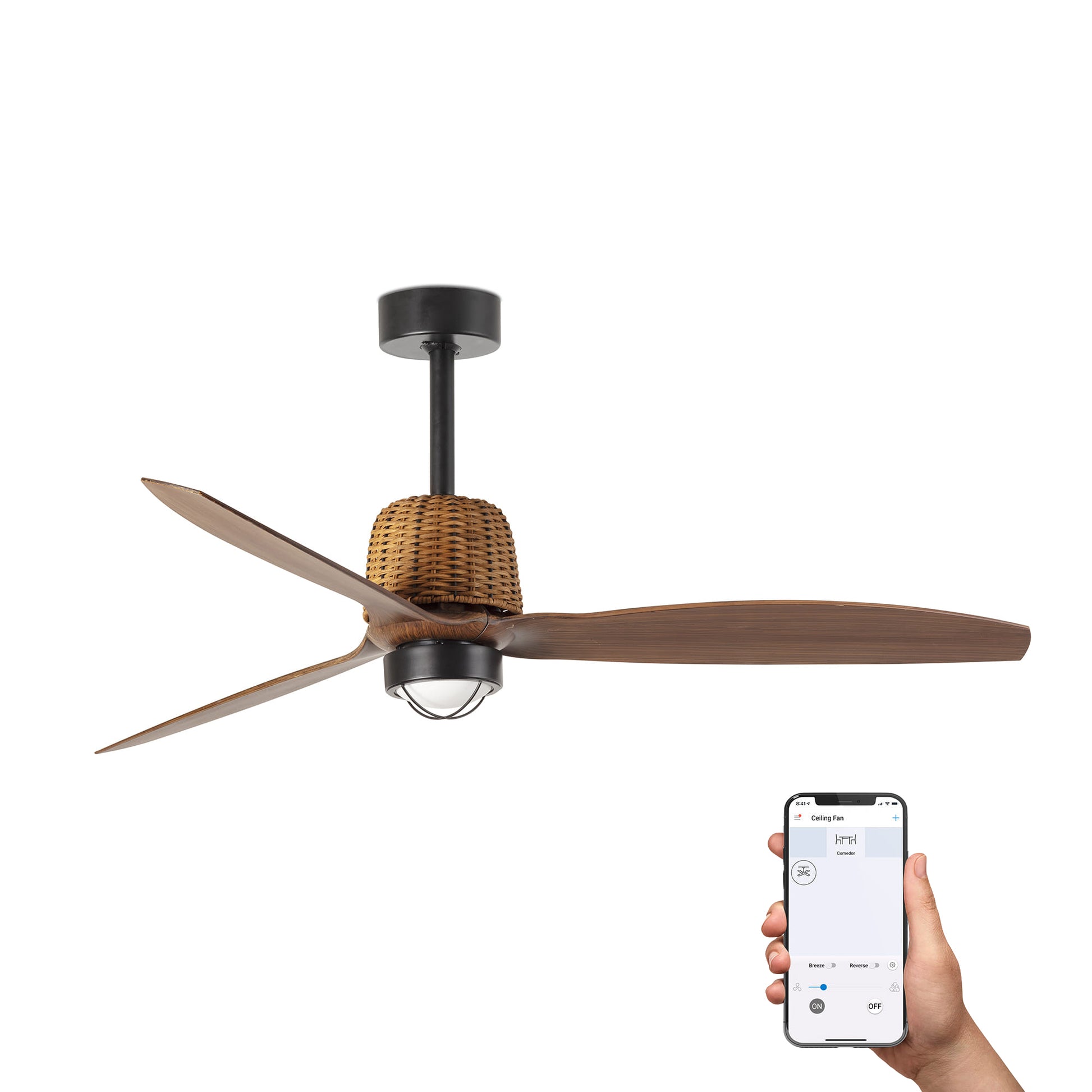 Ventilador de Techo Faro Weaver DC Ø128cm Negro con Ratán Natural y Palas Nogal - Detalle