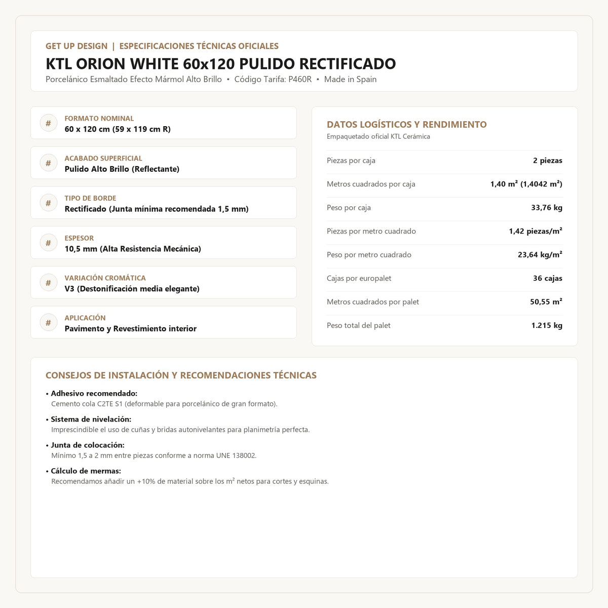 KTL ORION WHITE Ficha Tecnica y Packing List Oficial