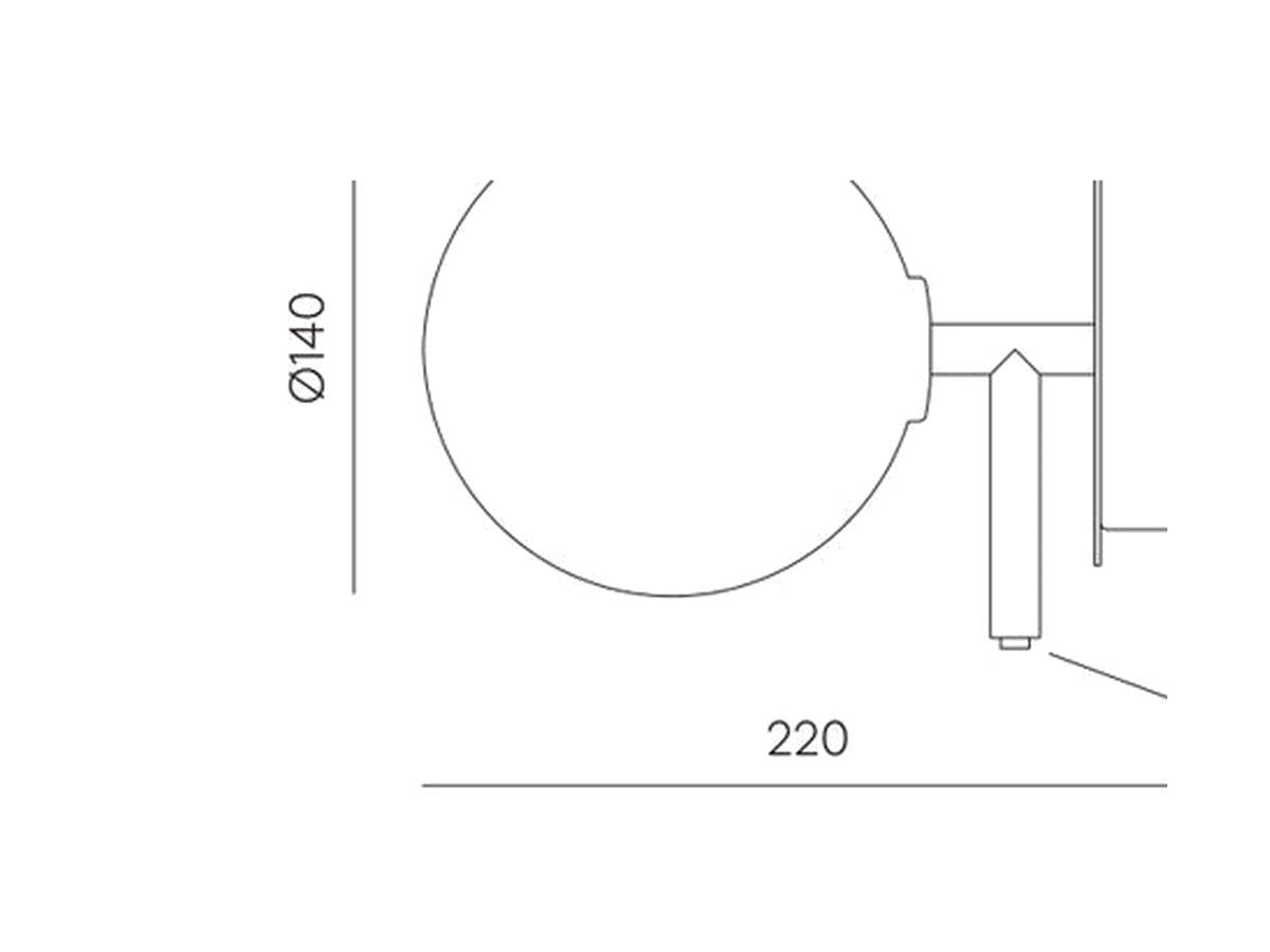 Plano acotado del aplique Atom A1214: esfera de 140 mm, placa de 140 mm y 220 mm de saliente