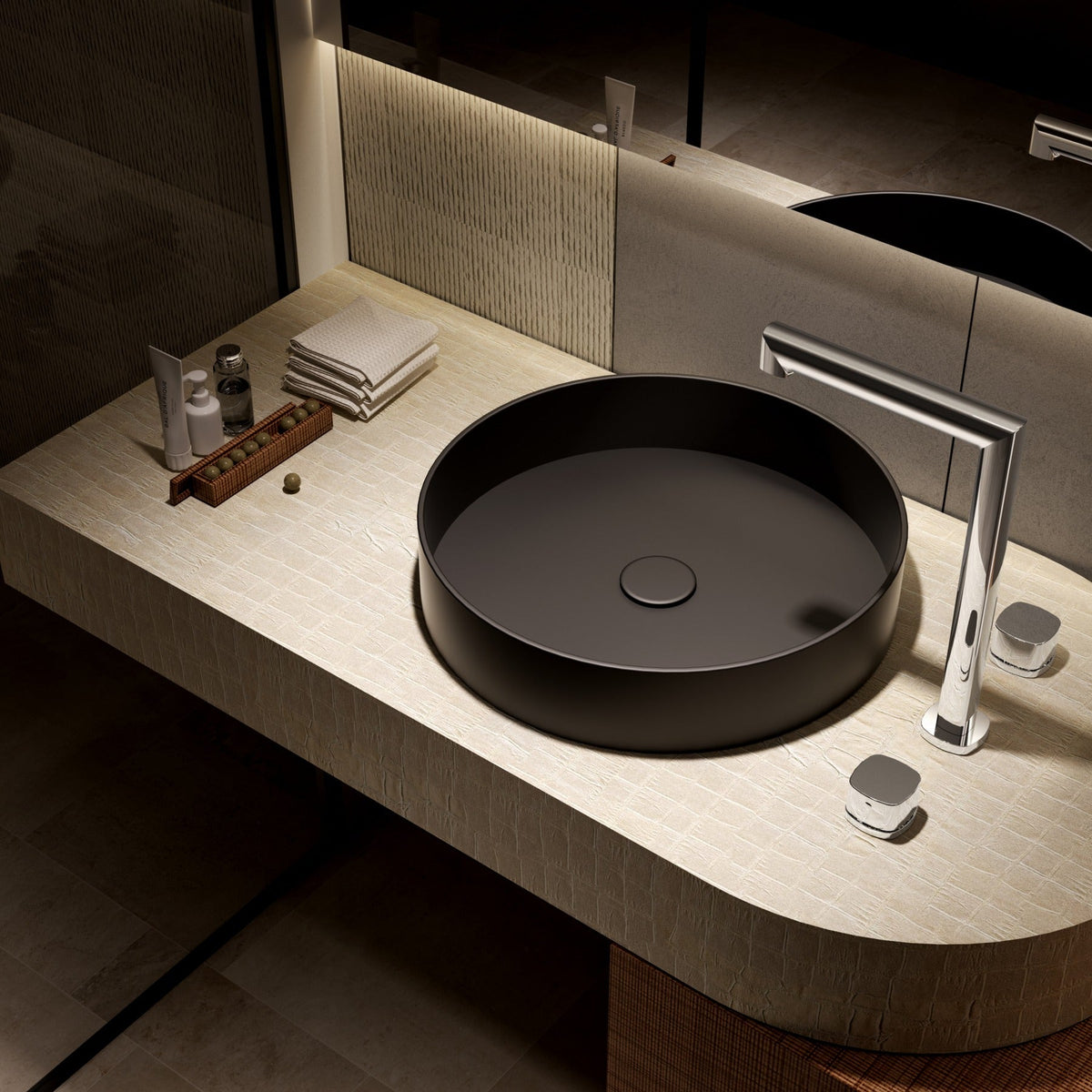 Lavabo Bimando Sobrencimera Caño Alto Toscana IMEX instalado en un baño
