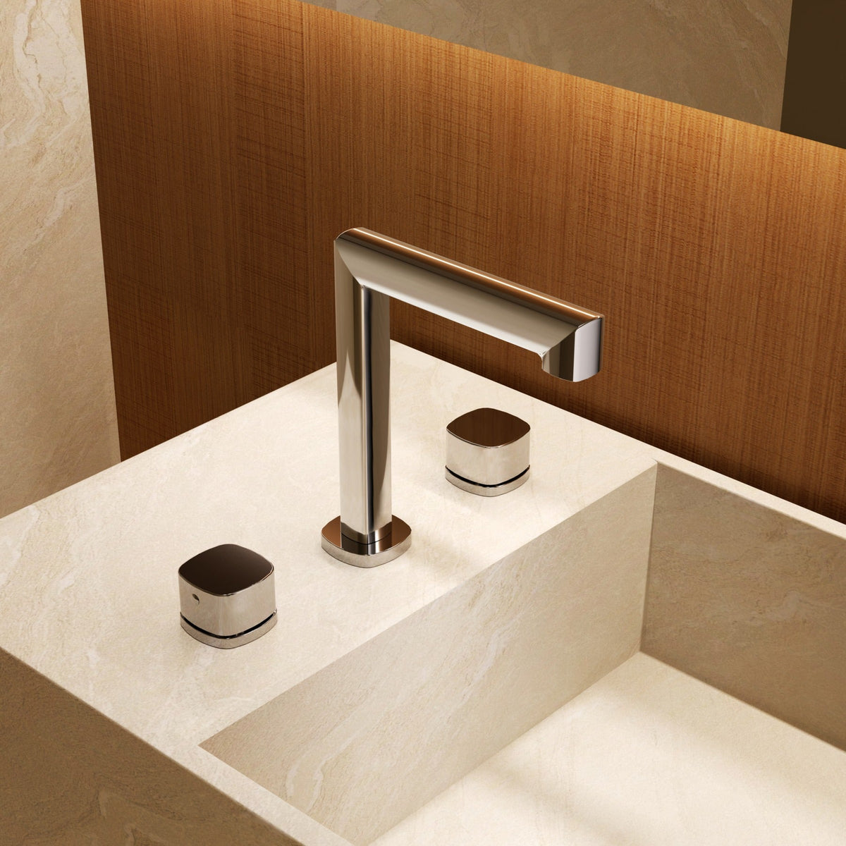 Lavabo Bimando Sobrencimera Caño Bajo Toscana IMEX instalado en un baño