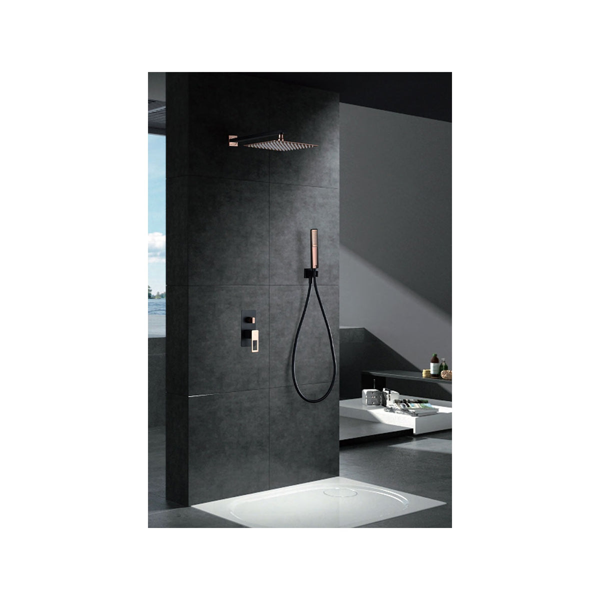 Conjunto de Ducha Monomando Empotrado Suecia IMEX Negro + Oro Rosa