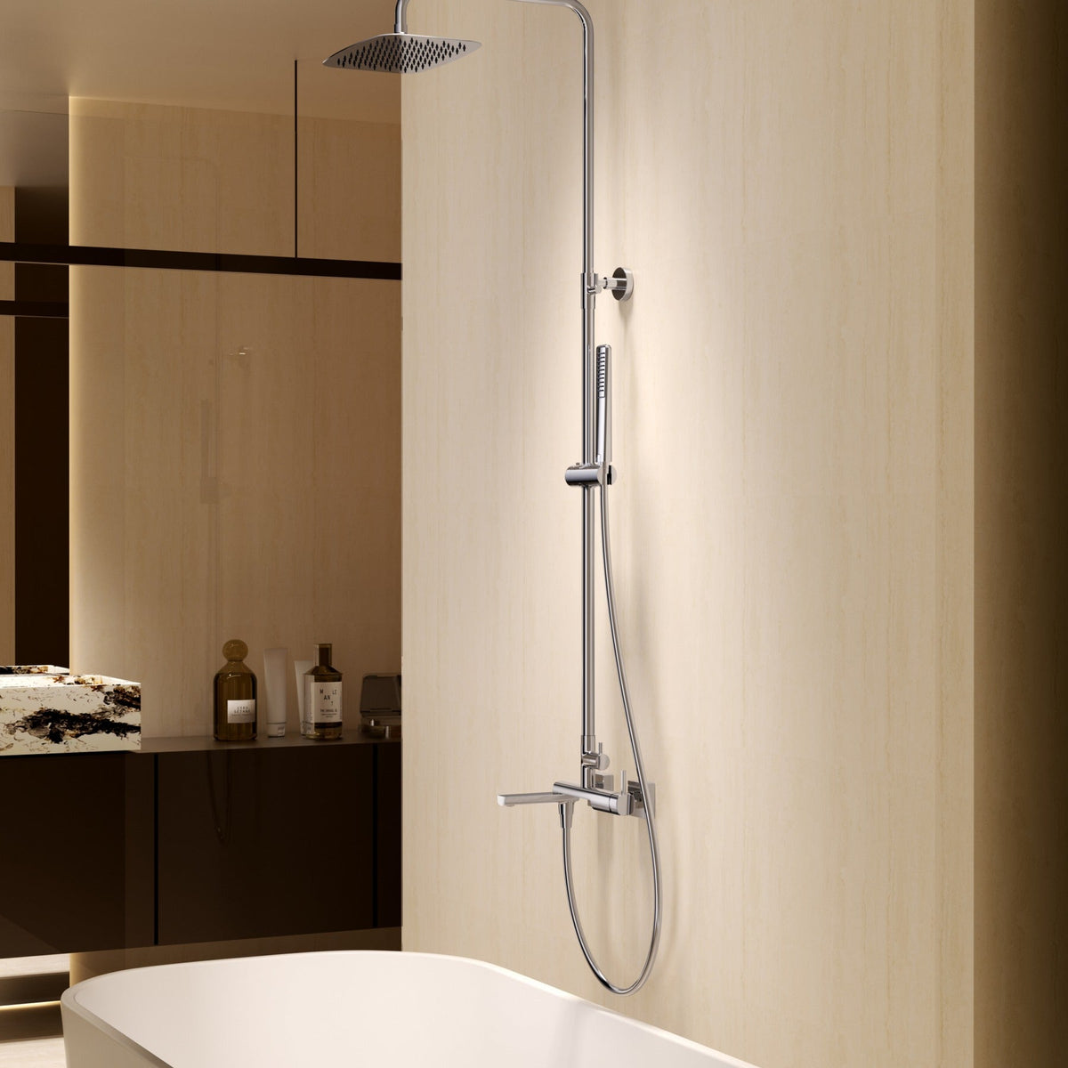 Conjunto de Bañera Monomando Toscana IMEX instalado en un baño