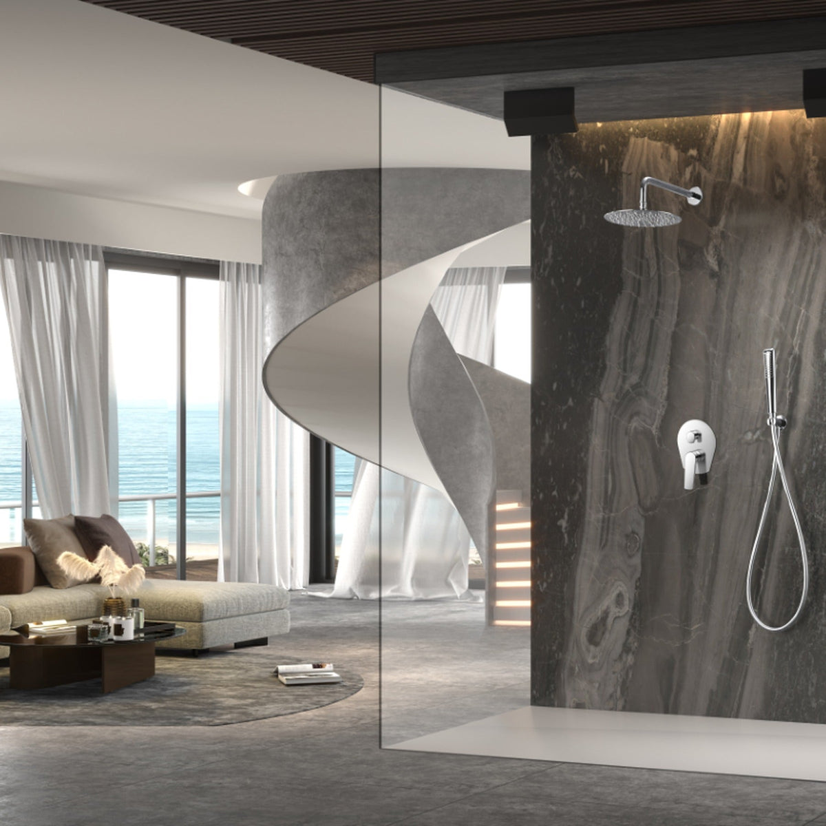Conjunto de Ducha Monomando Empotrado Delos IMEX instalado en un baño