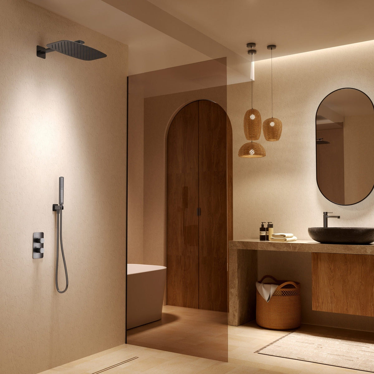 Conjunto de Ducha Termostático Empotrado Firenze IMEX instalado en un baño