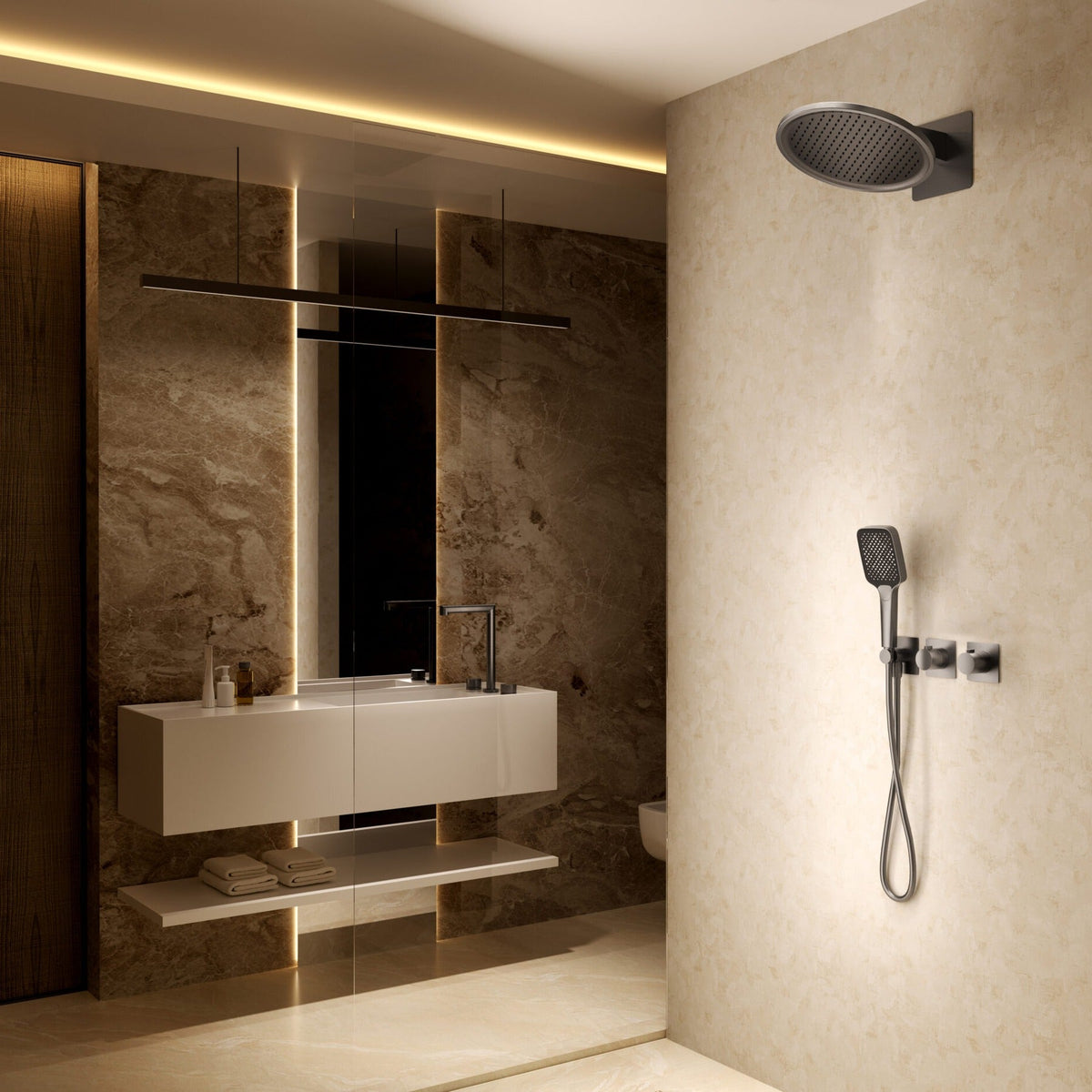 Conjunto de Ducha Termostático Empotrado Inari IMEX instalado en un baño