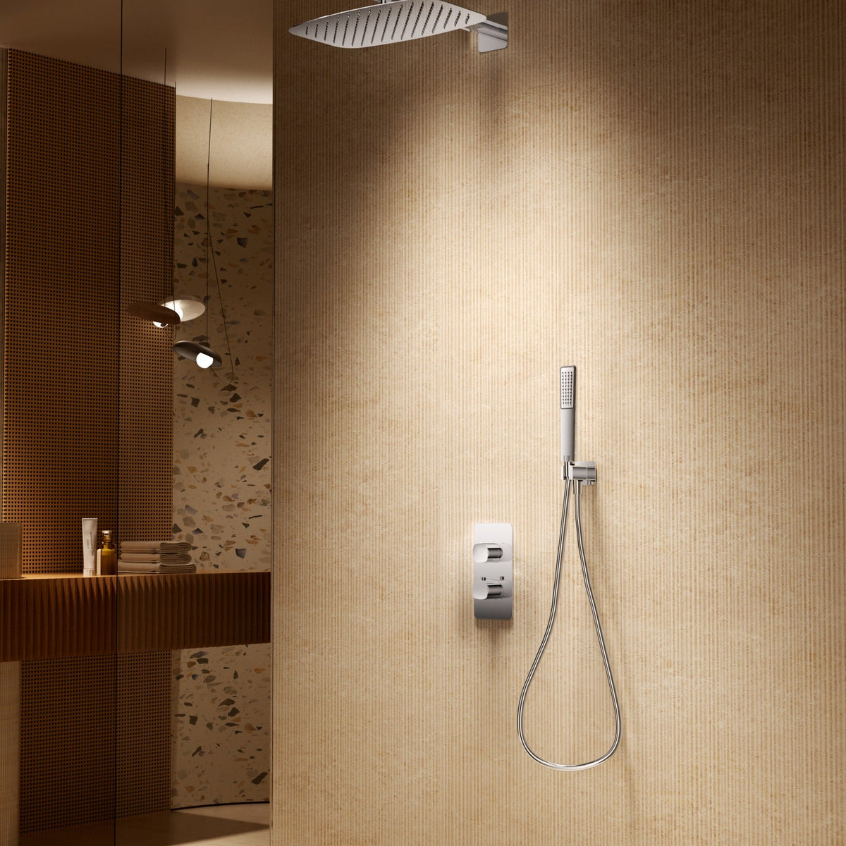 Conjunto de Ducha Termostático Empotrado Toscana IMEX instalado en un baño