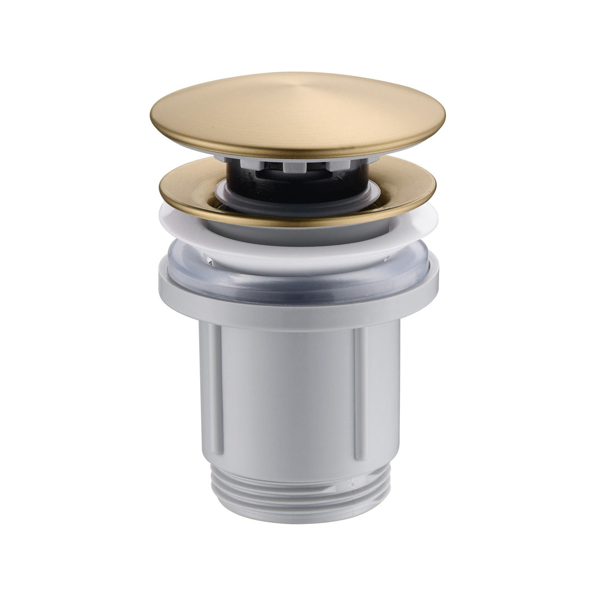 Válvula Click-clack Pvc Oro Cepillado IMEX sobre lavabo en baño contemporáneo