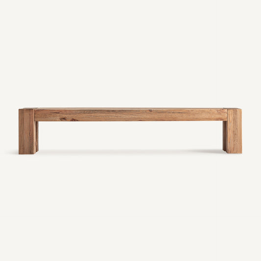 Banco Truel Vical de madera de pino reciclado de 220 cm visto de frente