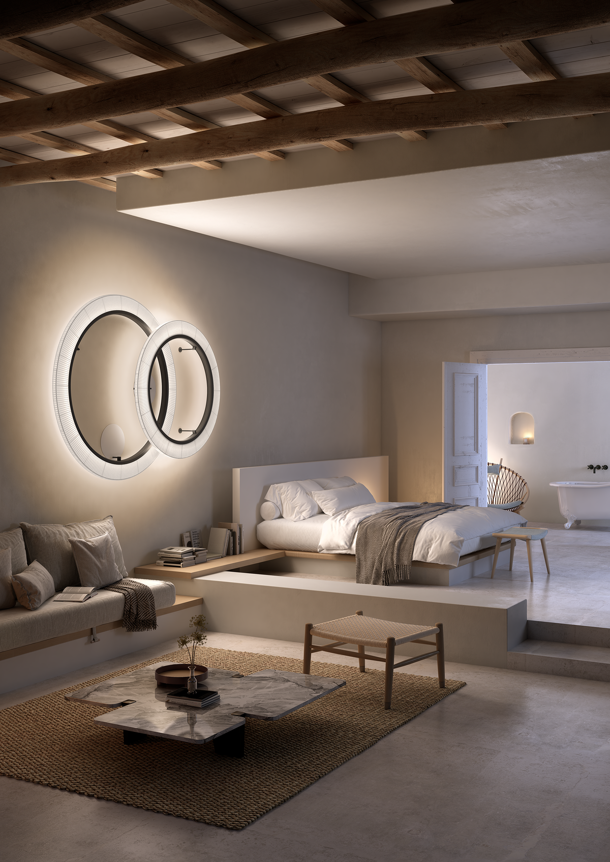 Composición de luminarias Roda Bover en dormitorio