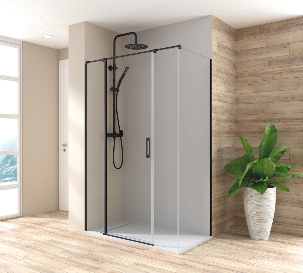 Mampara de ducha Deni Get Up & Design angular de 1 puerta central, 2 fijos y 1 fijo lateral en acabado negro mate