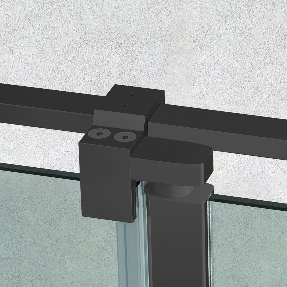 Detalle de la pinza de la mampara angular Deni Get Up & Design en acabado negro mate