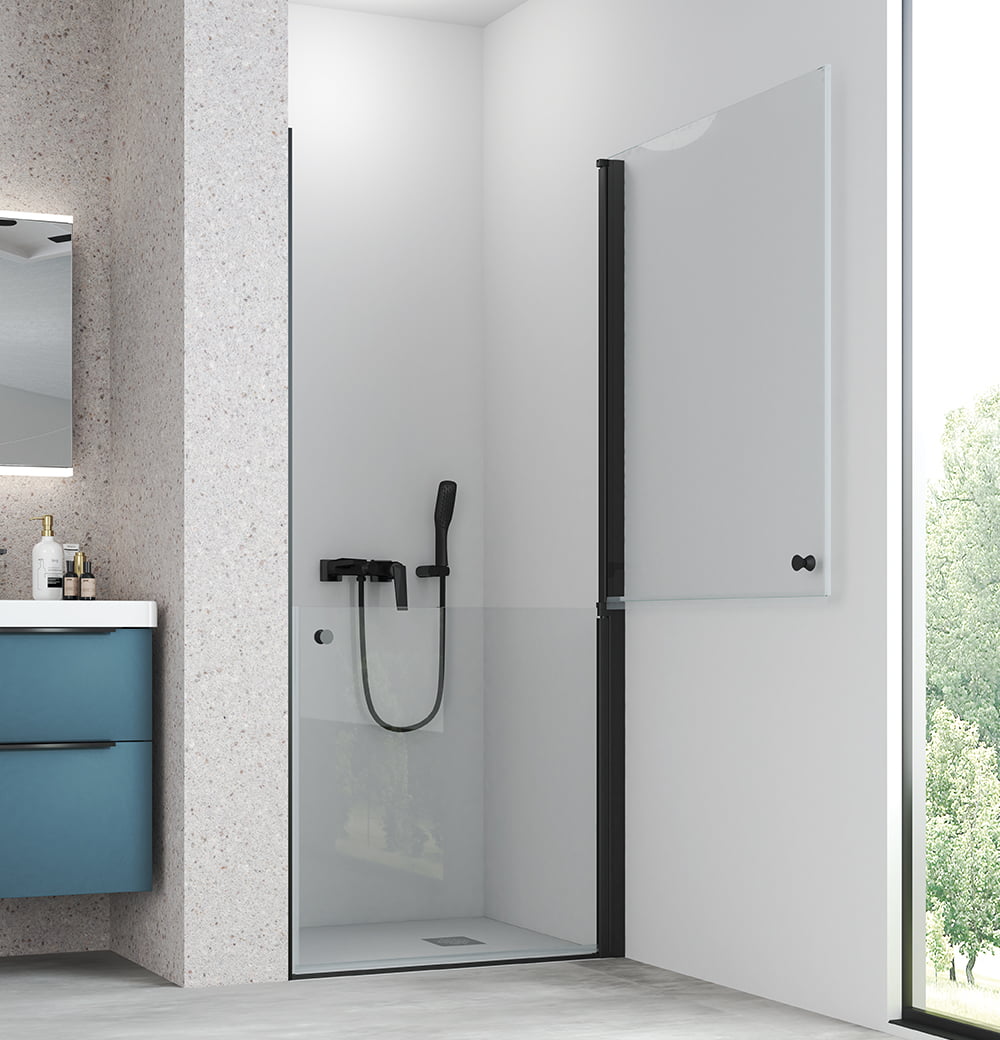 Mampara de ducha Deni MR Get Up & Design de puerta partida pivotante en acabado negro mate dentro de un bano