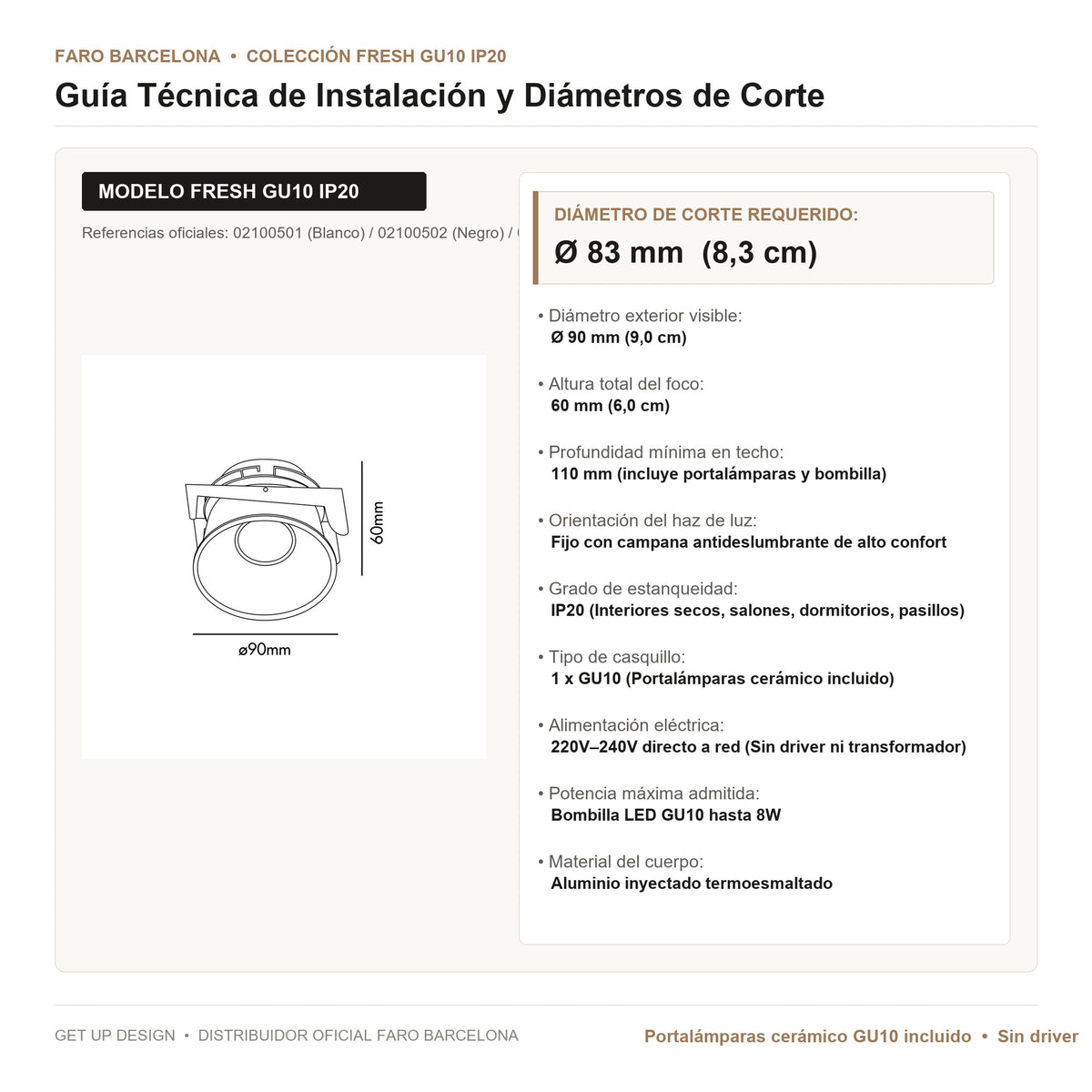 Guía Técnica de Instalación y Diámetro de Corte Faro FRESH GU10 IP20 | Get Up Design