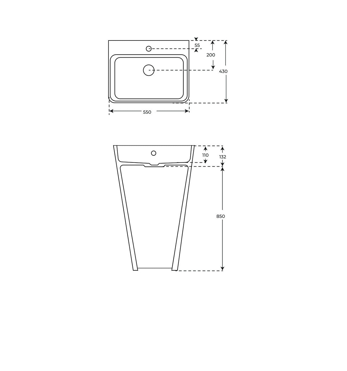 Plano Técnico Cotas Lavabo de Pie Finn Fossil Natura