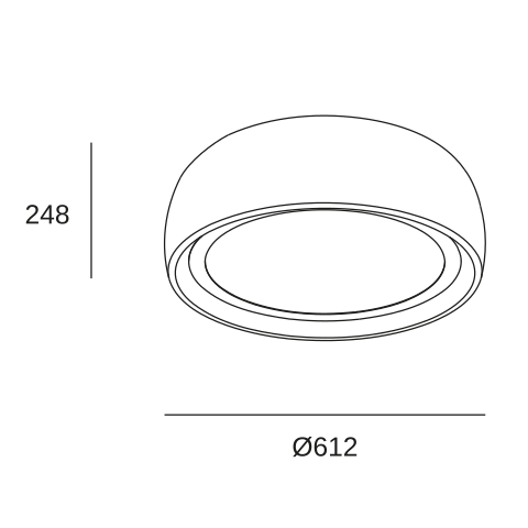 Plano de cotas del plafón Gong Ceiling de LEDS C4, referencia 15-A366-W1-L1: diámetro 612 mm y altura 248 mm