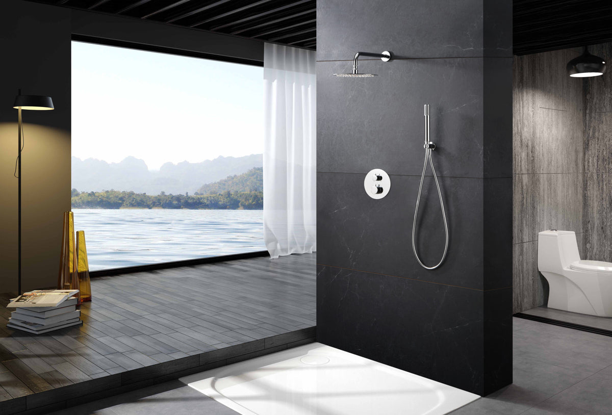 Ambiente de baño con conjunto termostático empotrado IMEX Monza Cromado