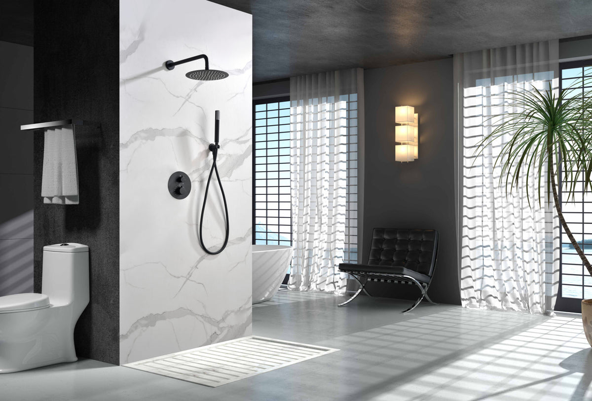 Ambiente de ducha minimalista con IMEX Monza Negro Mate