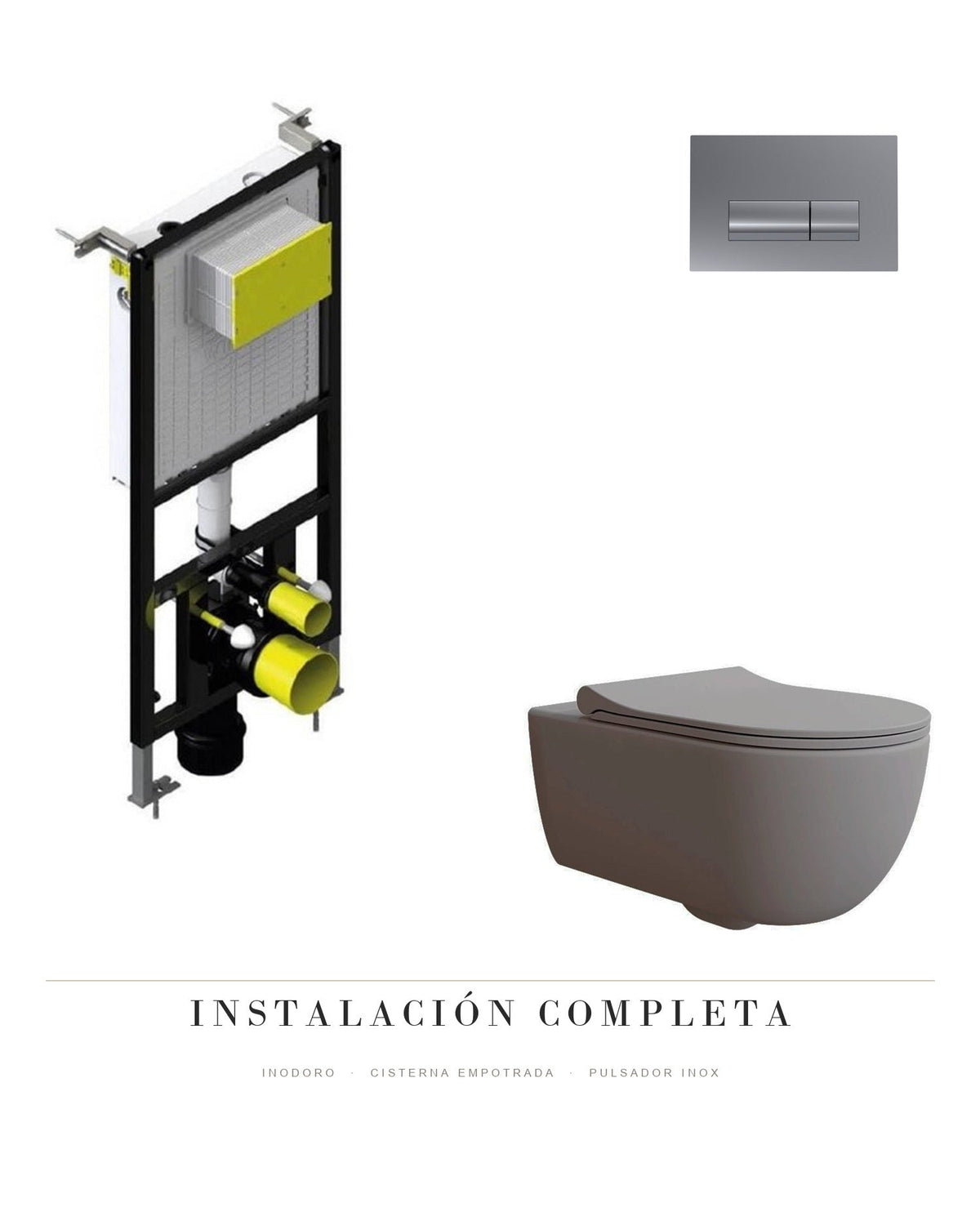 Composición inodoro suspendido wayne + cisterna empotrada + pulsador inox Fossil Natura