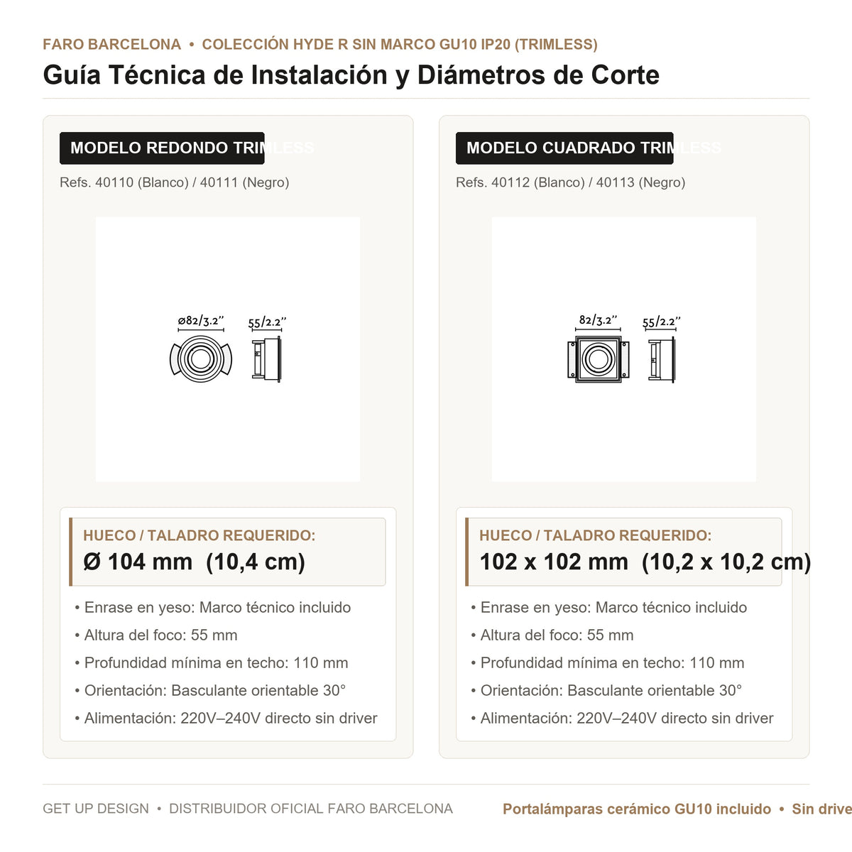 Guía Técnica de Instalación y Diámetro de Corte Faro | Get Up Design