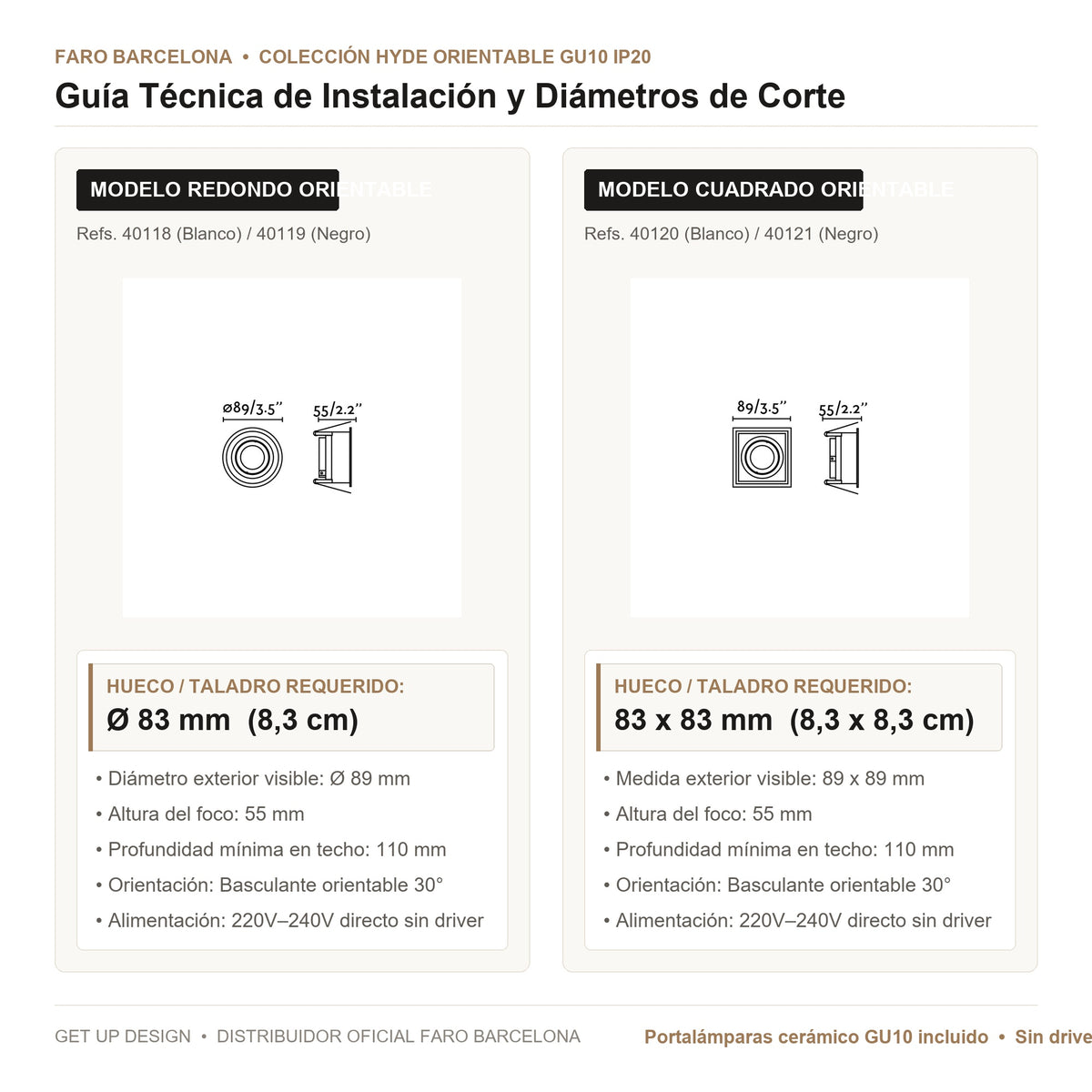 Guía Técnica de Instalación y Diámetro de Corte Faro | Get Up Design