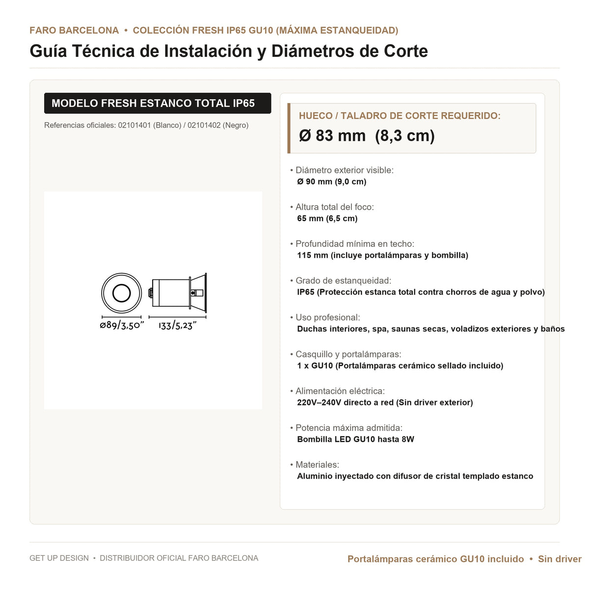 Guía Técnica de Instalación y Diámetro de Corte Faro | Get Up Design