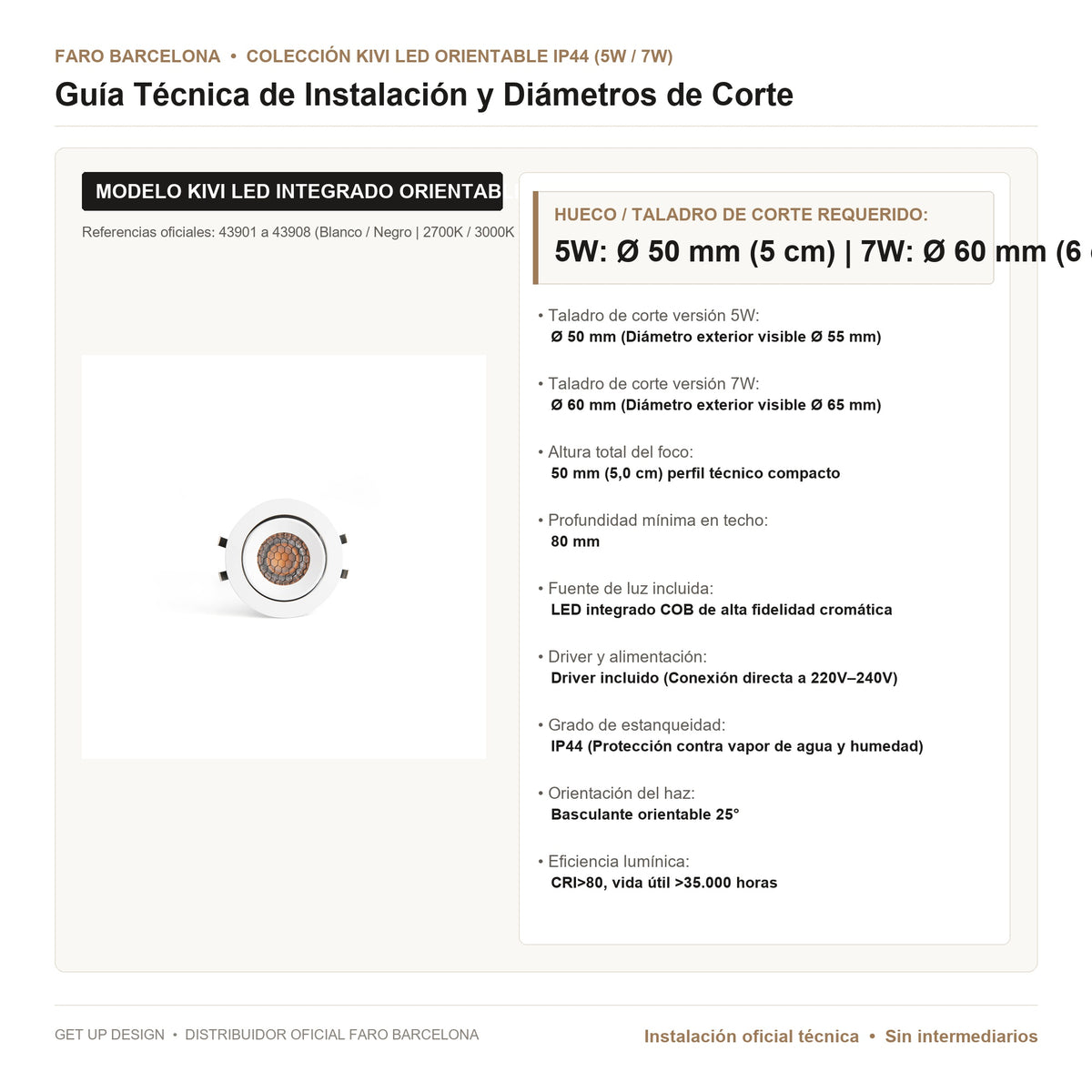 Guía Técnica de Instalación y Diámetro de Corte Faro | Get Up Design