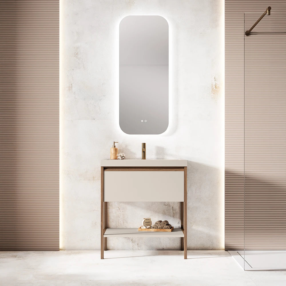 Mueble de Baño con Patas VISOBATH ICON 1 Cajón + Balda | Diseño Abierto Contemporáneo y Madera Nogal