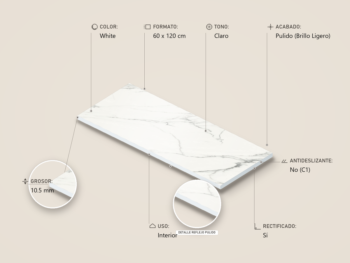 Ficha técnica e infografía 3D KTL Aston Calacatta Pulido Brillo Ligero 60x120 cm