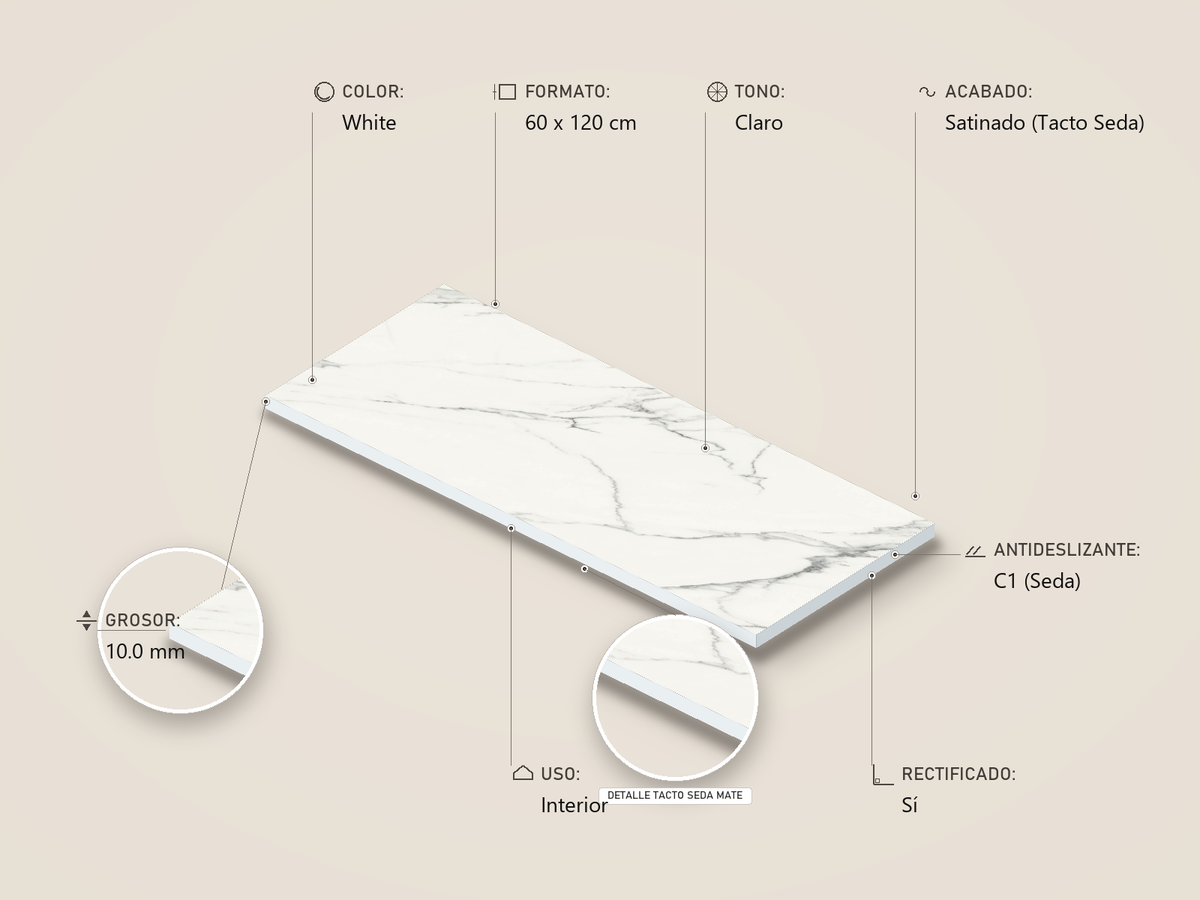 Ficha técnica e infografía 3D KTL Aston Calacatta Satinado Tacto Seda Mate 60x120 cm