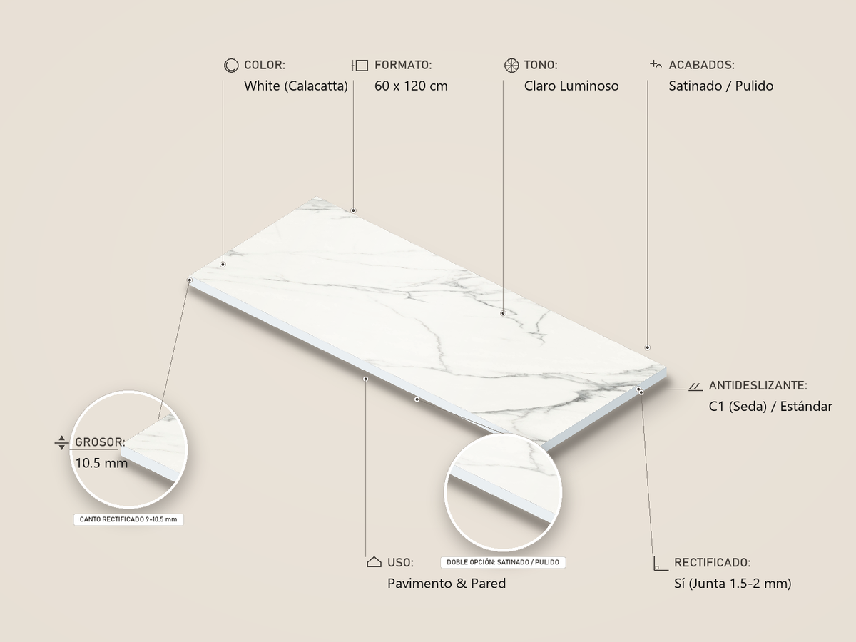 Ficha técnica e infografía 3D unificada KTL Aston Calacatta 60x120 cm (Satinado y Pulido)