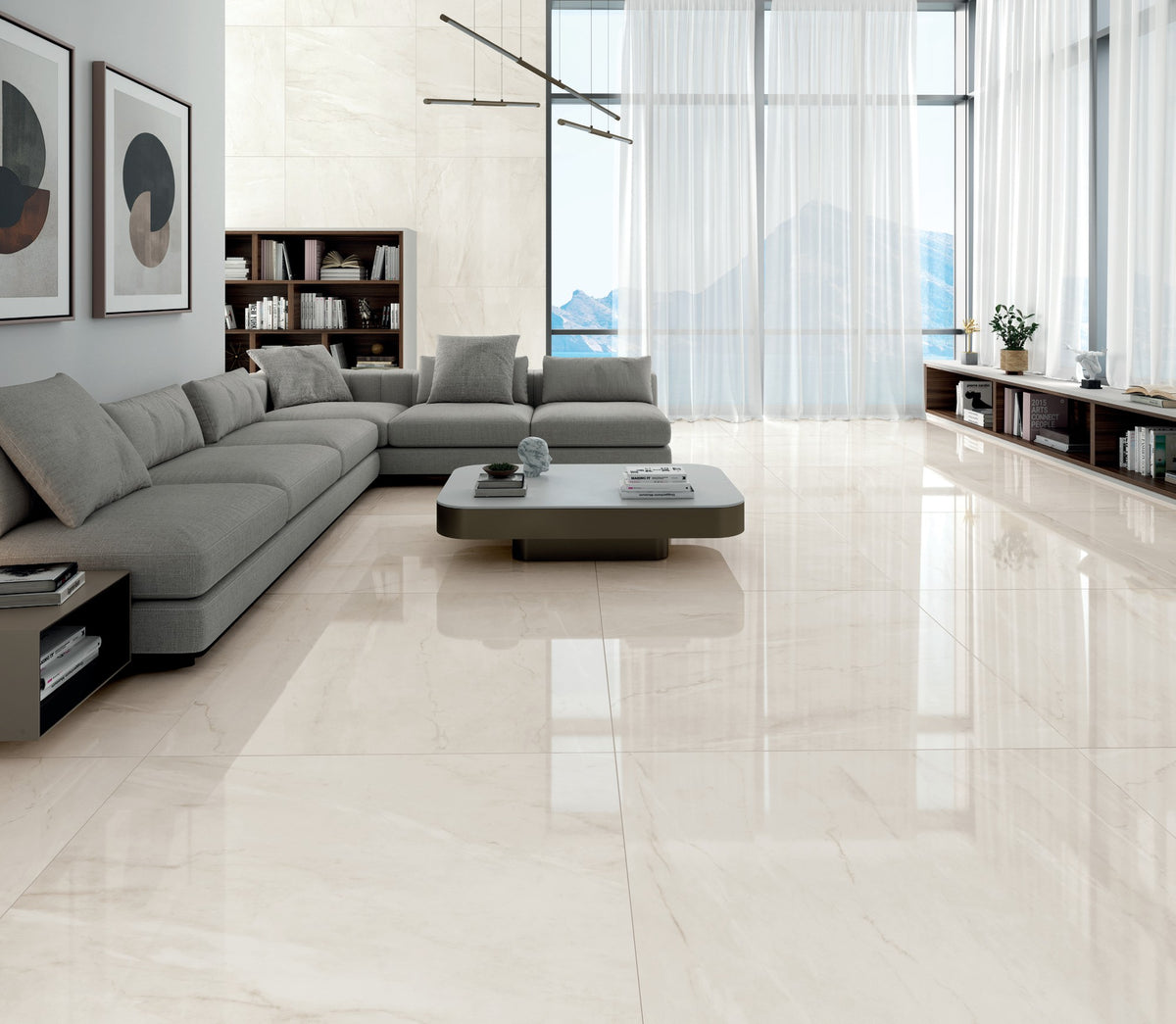 Ambiente KTL Aley Cream 120x120 cm pulido efecto mármol en suelo